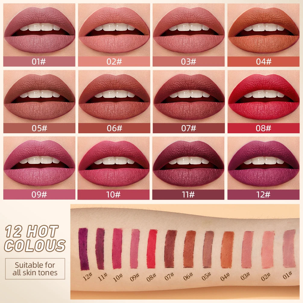 QIBEST 12 Colors Velvet Matte Lipstick Pen Cosmetics Lasting Nude Crayon Lipstick Moisturising Red Brown Lip Liner Pencil Makeup