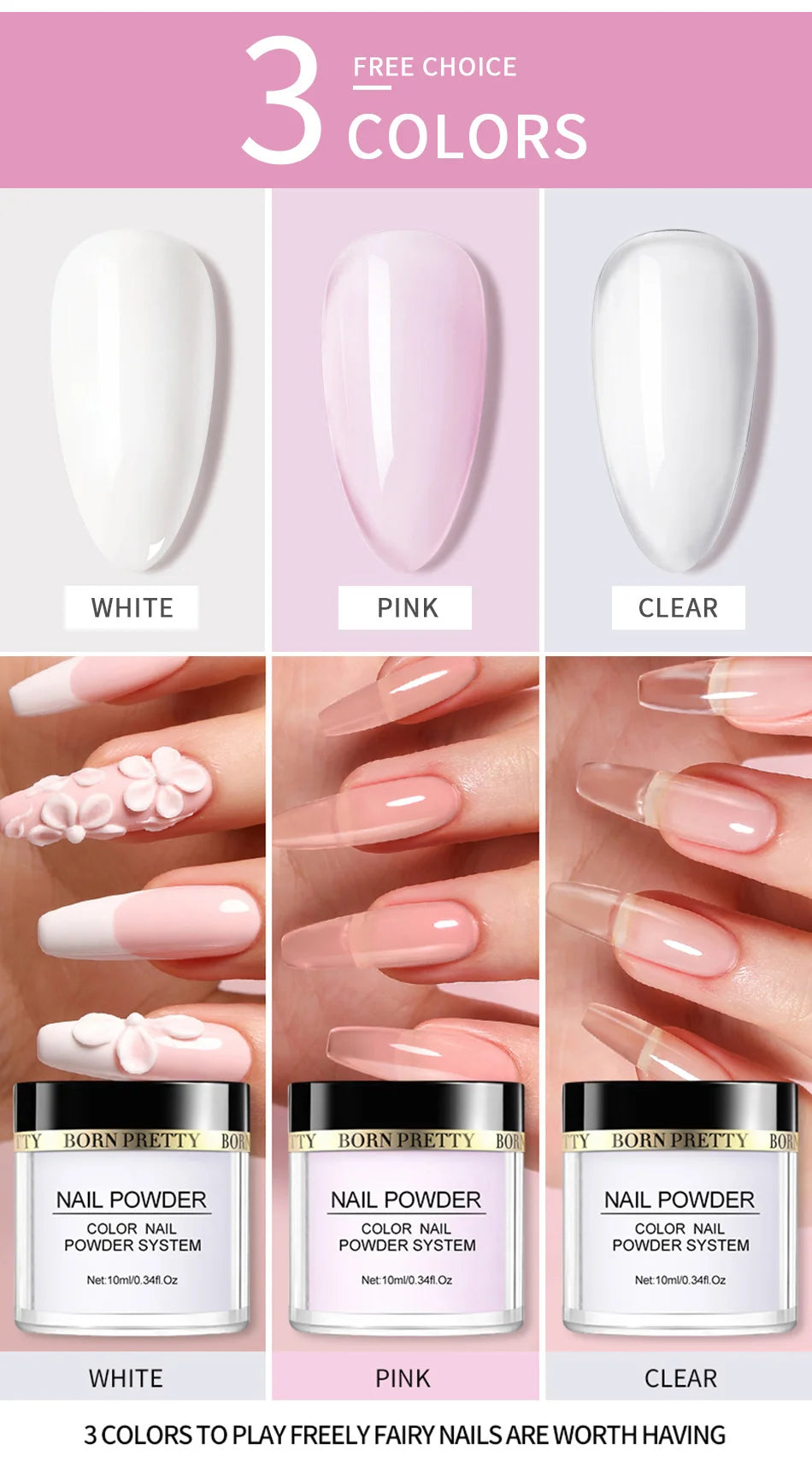 BORN PRETTY Acrylic Powder Set Pink White Clear Acrylic Nail Kit for Nails Extension Professional Nail Art Acrylic Liquid Set