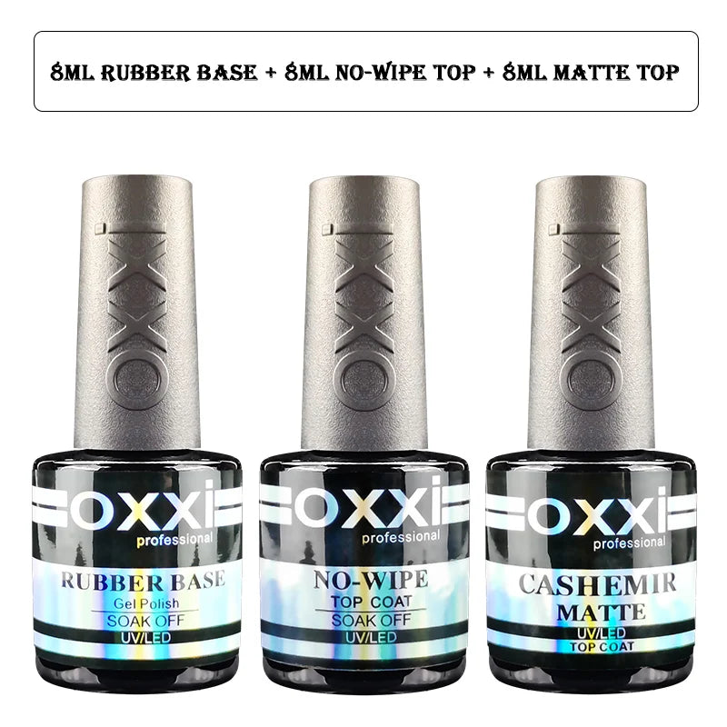 OXXI Semipermanent Top Coat y Base Coat Set 8ml Rubber Base for Gel Varnishes Kit No-wipe Matte Top for Nails Gel Nail Polishes