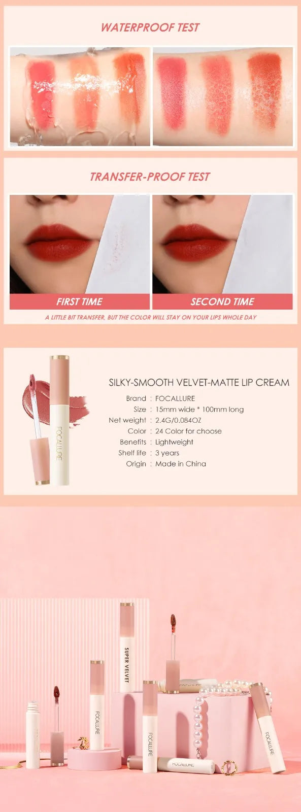 FOCALLURE 24 Colors Moisture Liquid Lipstick Waterproof Long-lasting Lip Gloss Matte Lip Glaze Red Lip Gloss Makeup Cosmetics