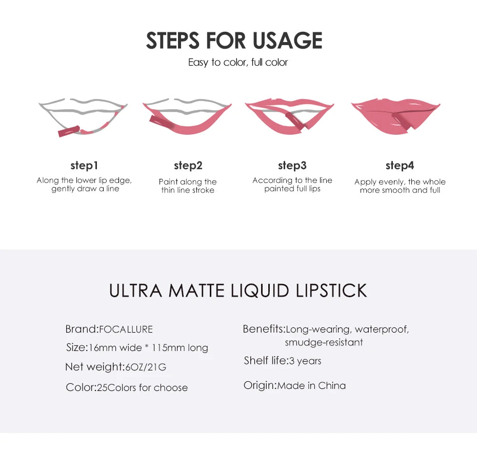 FOCALLURE Waterproof Liquid Lipstick Batom Red Velvet Lip Tint Brown Nude Matte Colourful Lipstick Makeup Cosmetics Maquiagem