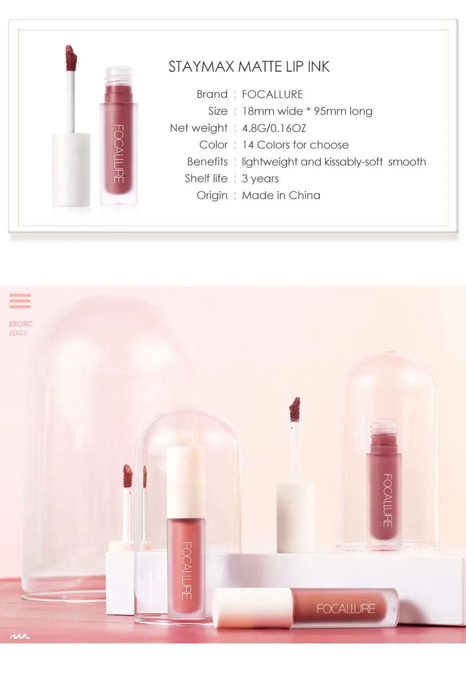 FOCALLURE Matte Velvet Liquid Lipstick Waterproof Non-stick Cup Lip Glosses Moisturizing Lightweight Lip Plumper Makeup Cosmetic