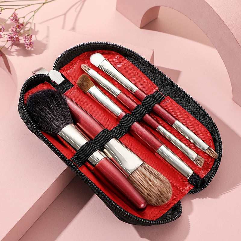 Mini Makeup Brushes Set 5 Pcs Eye Shadow Foundation Powder Eyelash Lip Concealer Blush Nature Bristle Set Travel Portable Soft