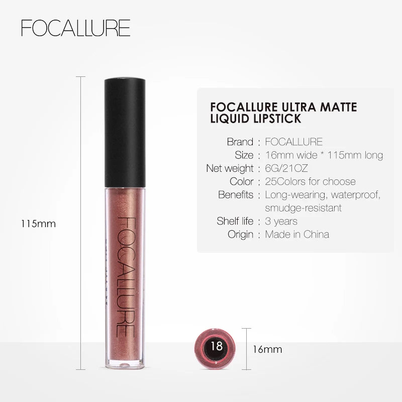 FOCALLURE Matte Liquid Lipstick Long-lasting Waterproof Lip Gloss 10 Colors Lip Glaze Non-Stick Cup Lip Tint Makeup Cosmetics