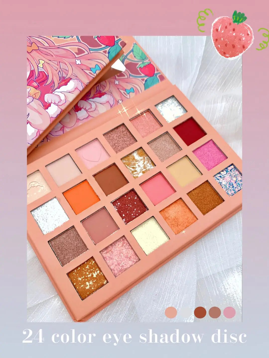 New 24 Colors Strawberry Girl Eyeshadow Palette Glitter Pearlescent Eyeshadow Waterproof Eye Plate Cute Makeup Female Cosmetics