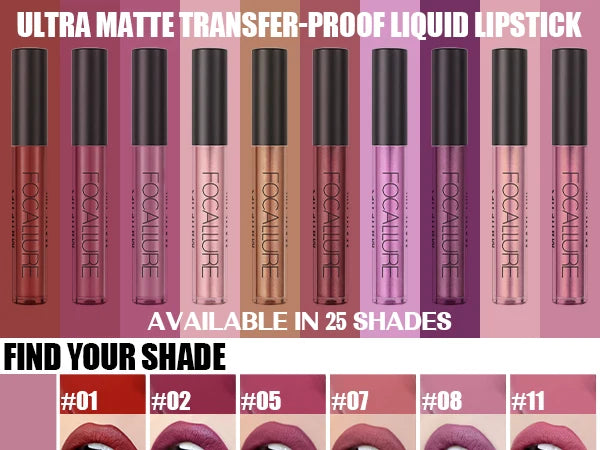 FOCALLURE Matte Liquid Lipstick Long-lasting Waterproof Lip Gloss 10 Colors Lip Glaze Non-Stick Cup Lip Tint Makeup Cosmetics