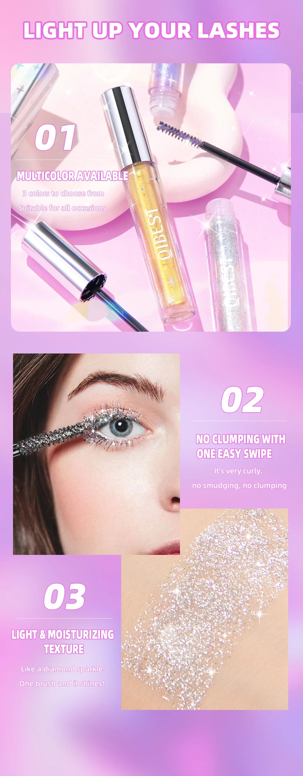 QIBEST 3 Colors Diamond Glitter Mascara Long Lasting Makeup 3D Volume Eyelashes Curling Shimmer Mascara Eye Lash Female Cosmetic