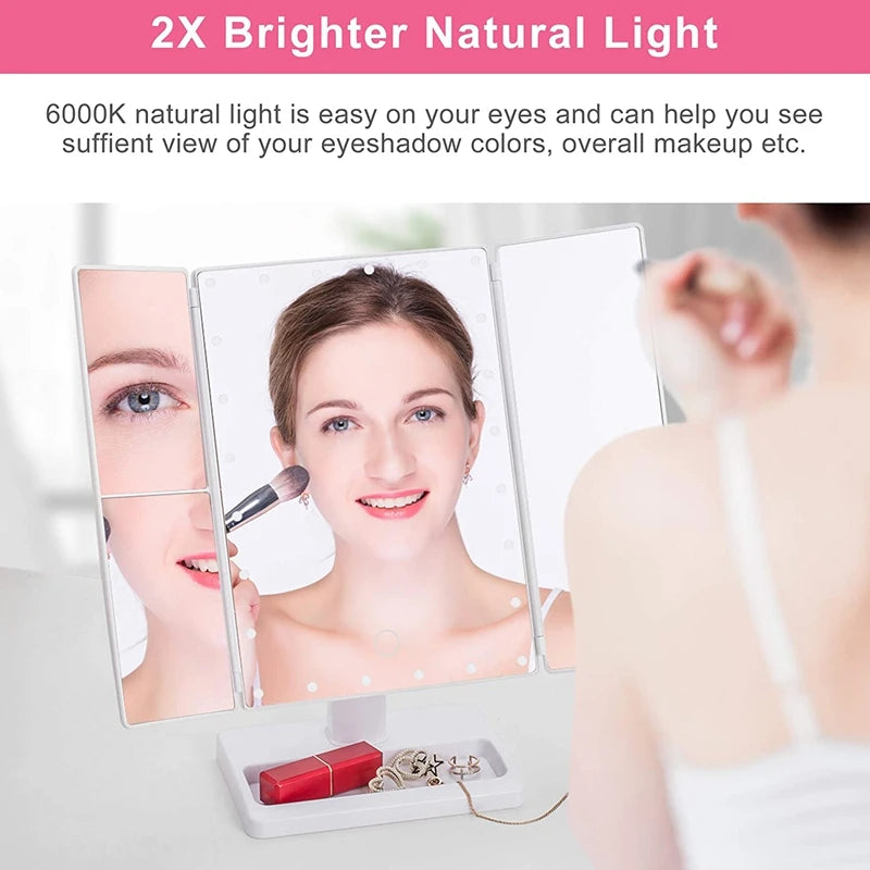 Trifold Makeup Mirror With 22 LED Lights,10X/3X/2X Magnification Portable Fold Lighted Table Desk Cosmetic Mirror