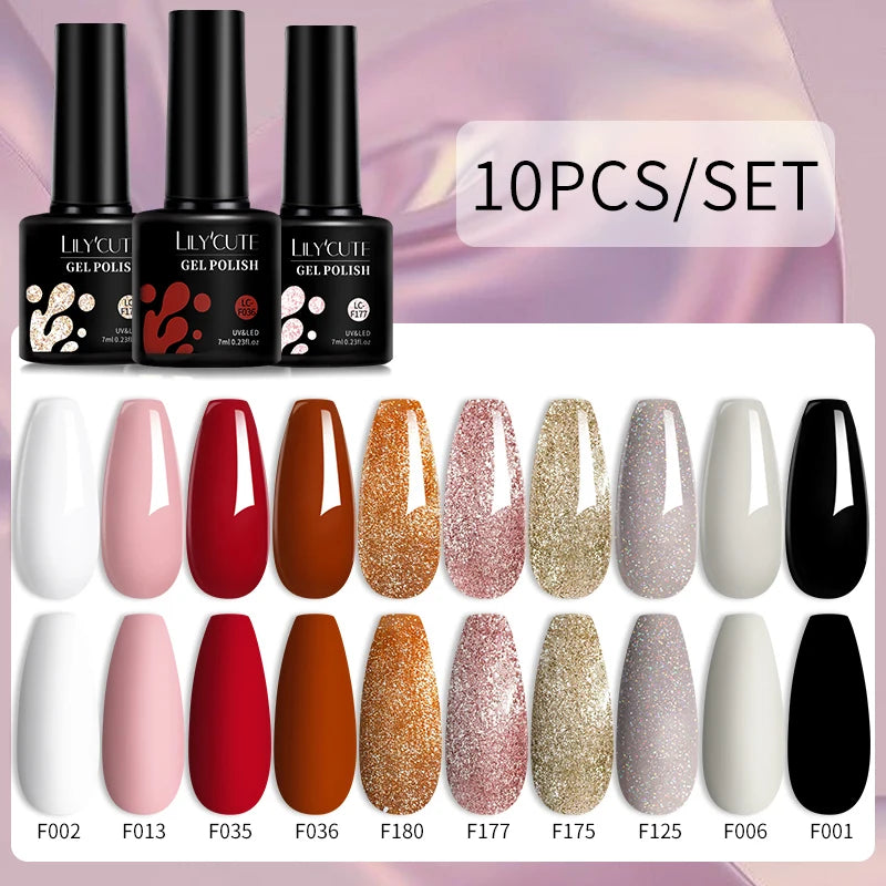 LILYCUTE 10PCS/Set Gel Nail Polish Brown Earth Coffee Color Series Gel Semi Permanent UV LED Gel Nail Art Soak Off Nail Gel Set