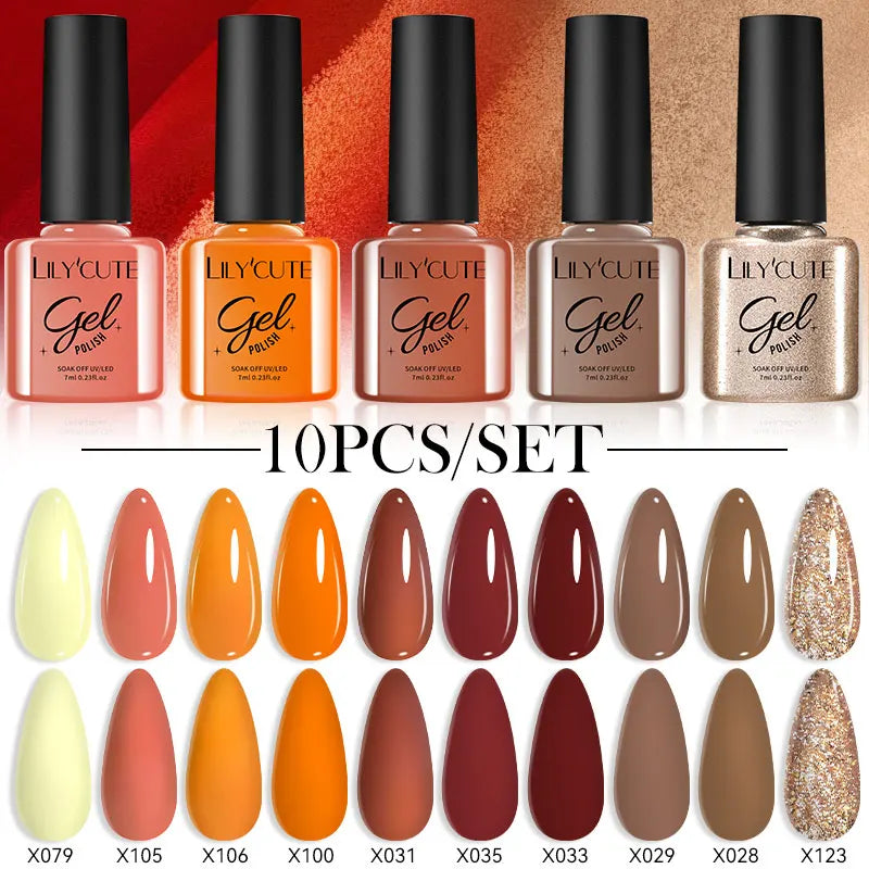 LILYCUTE 10PCS/Set Gel Nail Polish Brown Earth Coffee Color Series Gel Semi Permanent UV LED Gel Nail Art Soak Off Nail Gel Set