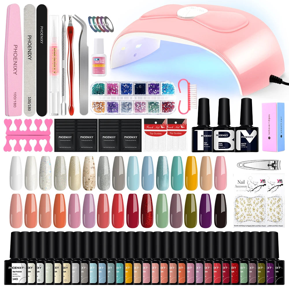 Nail Art Starter Set 30pcs Gel Nail Polish with 80W UV LED Drying Lamp Nail Polish Set Complete Full UV Gel Varnish Manicure Kit