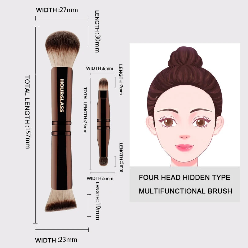 Hourglass four head multi-function hidden fun makeup brush powder+foundation make-up+concealer+eye shadow brush+portable box