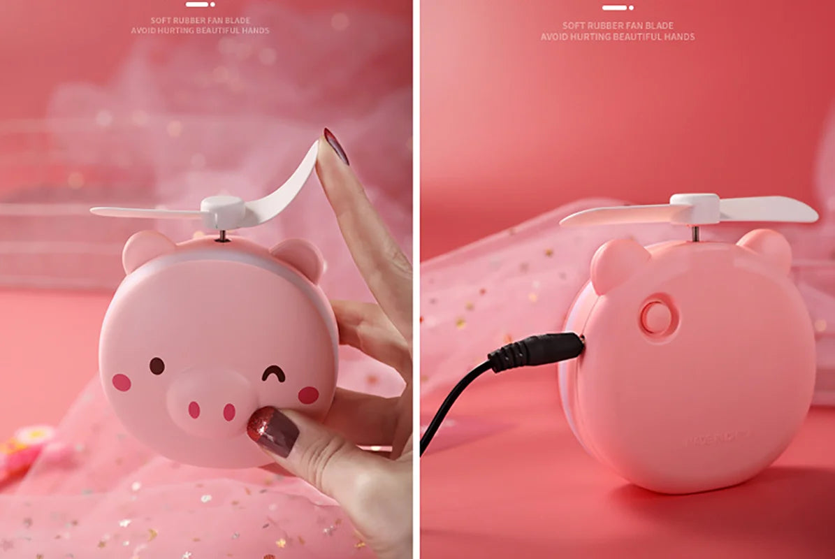 Cute Piggy Makeup Mirror With Led Light Handheld Cosmetics Mirror With Small Fan Girls Travle Portable Vanity Mirror HD Mirror