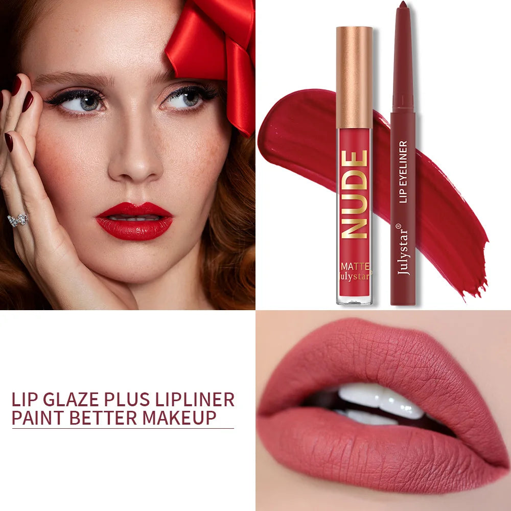 Matte Lip Liner Lip Gloss Set Long Lasting Waterproof Lipstick Tint Crayon Christmas Make Up Gifts Professional Makeup for Women