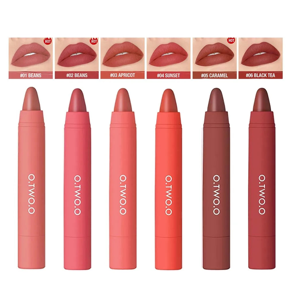 O.TWO.O 6pcs Matte Crayon Lipstick Pencil 6 Shades Silky Sexy Lip Liner Waterproof Makeup Multiple Use Lip Stick Pen For Women