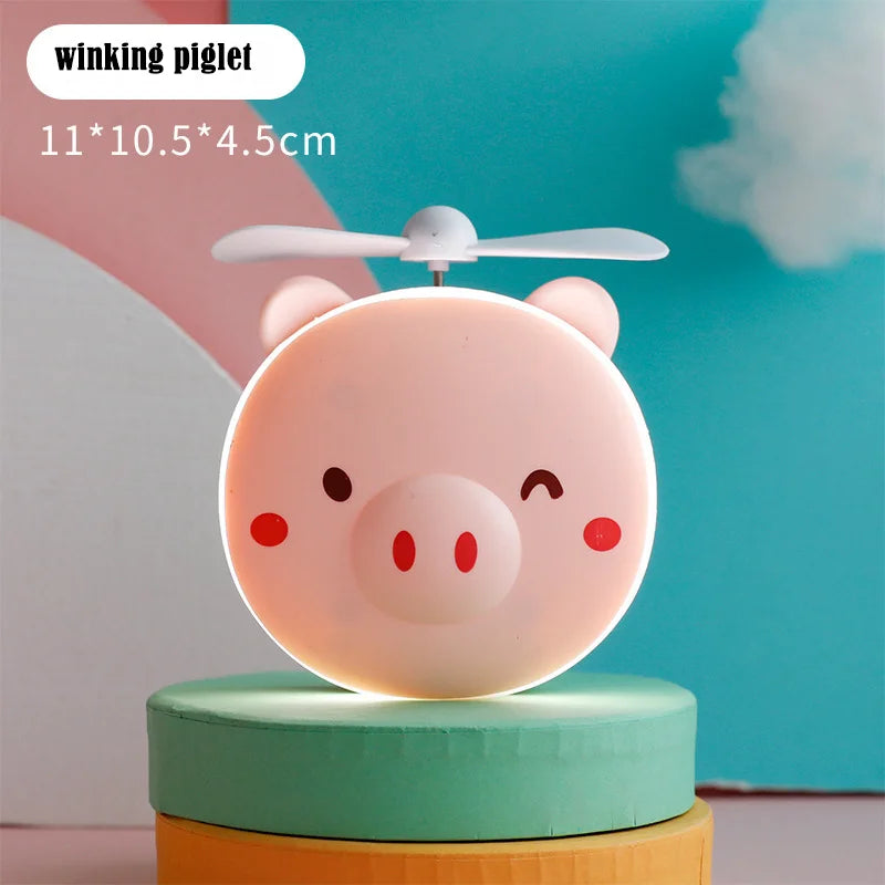 Cute Piggy Makeup Mirror With Led Light Handheld Cosmetics Mirror With Small Fan Girls Travle Portable Vanity Mirror HD Mirror