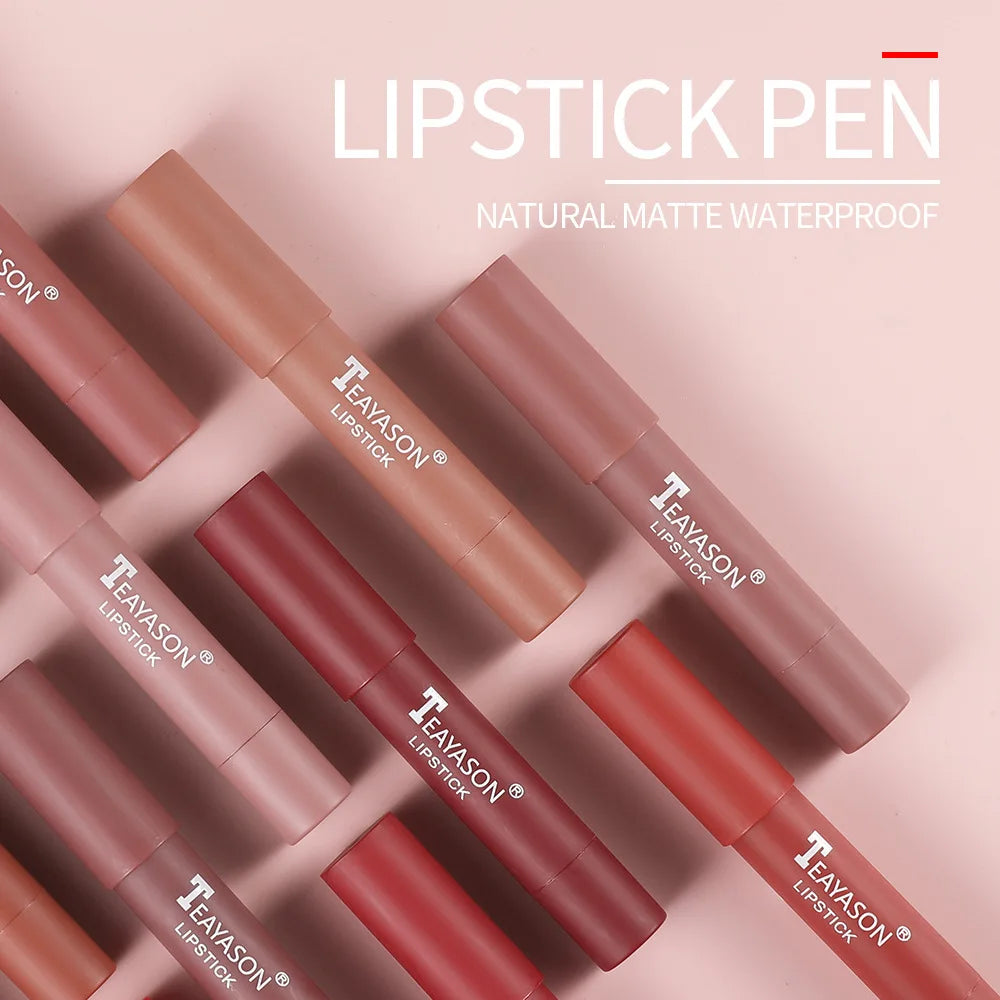 12 Colors Velvet Matte Lipstick Pen Cosmetics Waterproof Lasting Nude Crayon Lipsticks Non Sticky Brown Lip Liner Pencil Makeup