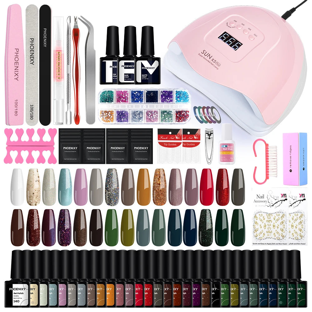 Nail Art Starter Set 30pcs Gel Nail Polish with 80W UV LED Drying Lamp Nail Polish Set Complete Full UV Gel Varnish Manicure Kit