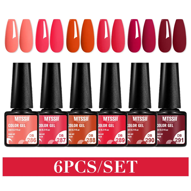 6Pcs Red Series Gel Nail Polish Set Winter Colors Semi Permanent Varnish Soak Off UV LED Gel Nail Art Manicure Base Top Coat Kit