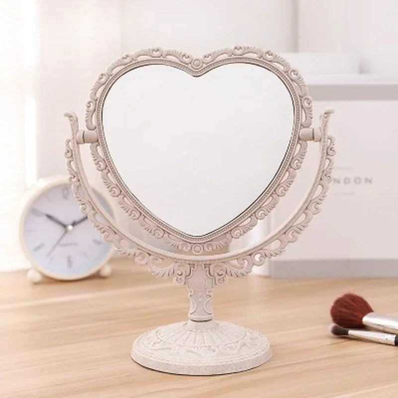 Desktop Makeup Mirror Heart Shape Vanity Portable Double-side Hand Cosmetic Compact for Women