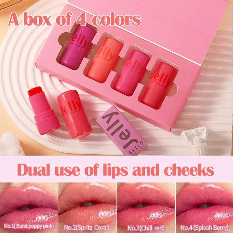 4pcs Set Jelly Cheek Blush Tint 3-in-1 Transparent Moisturized Blusher Facial Contour Rouge Lip Stick Long Lasting Rouge Makeup