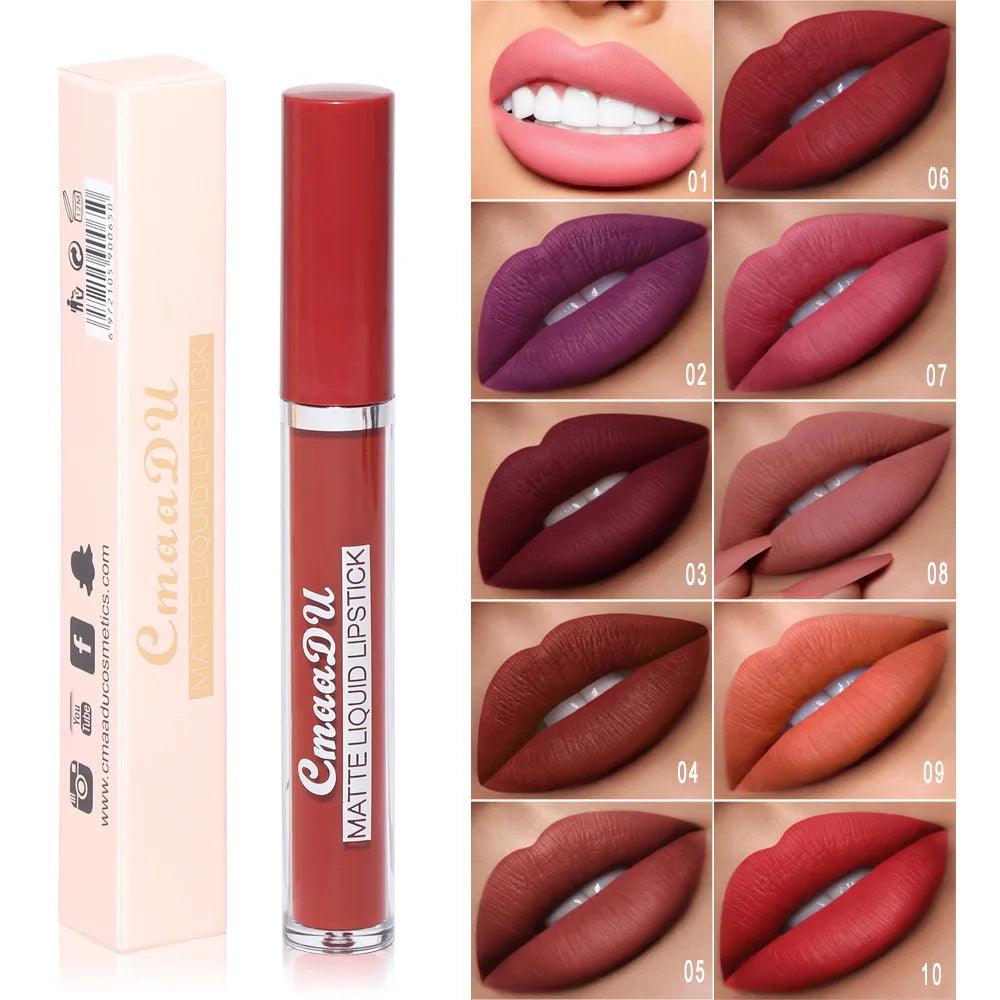 CmaaDu 10Color Love Velvet Nude Moisture-Matte Liquid Lipstick Lipgloss 10-Hour Makeup Soft-Focus Blurred Lip Colour Cosmetics