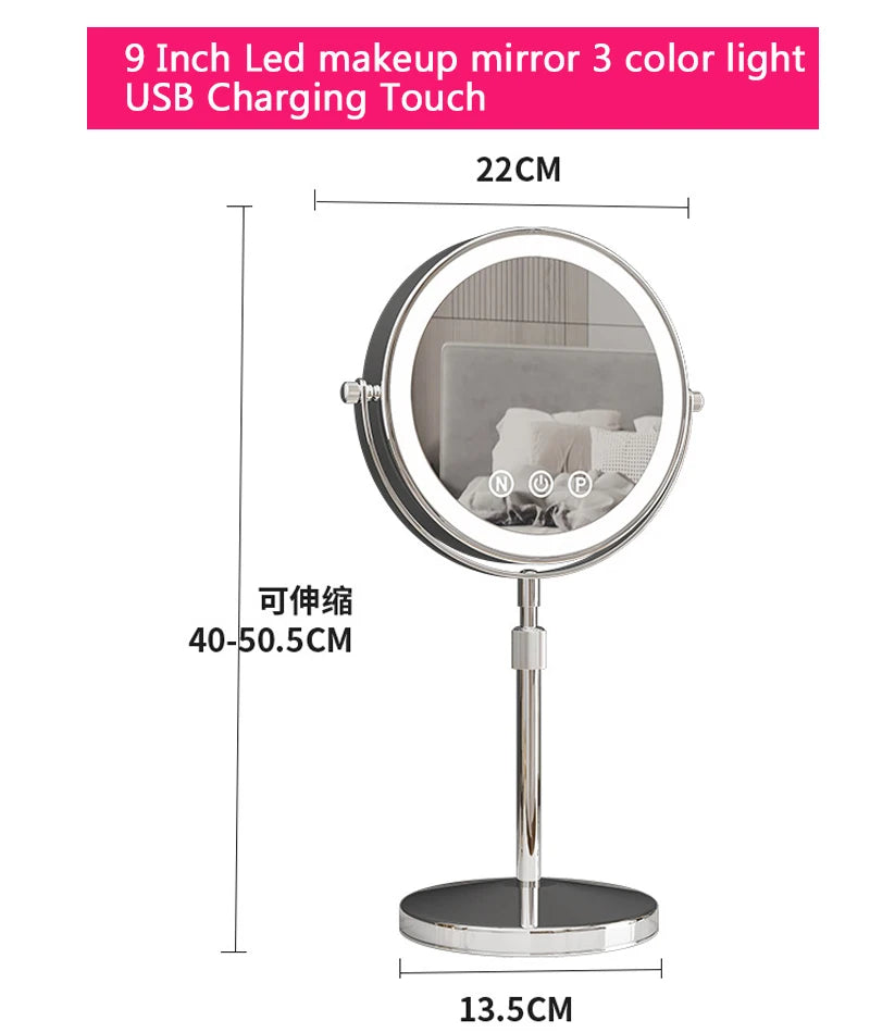 9 inch 360 degrees Bedroom or Bathroom table Lifting Makeup Mirror, 3X Magnifying Double Mirror with LED Light Cosmetic Mirror