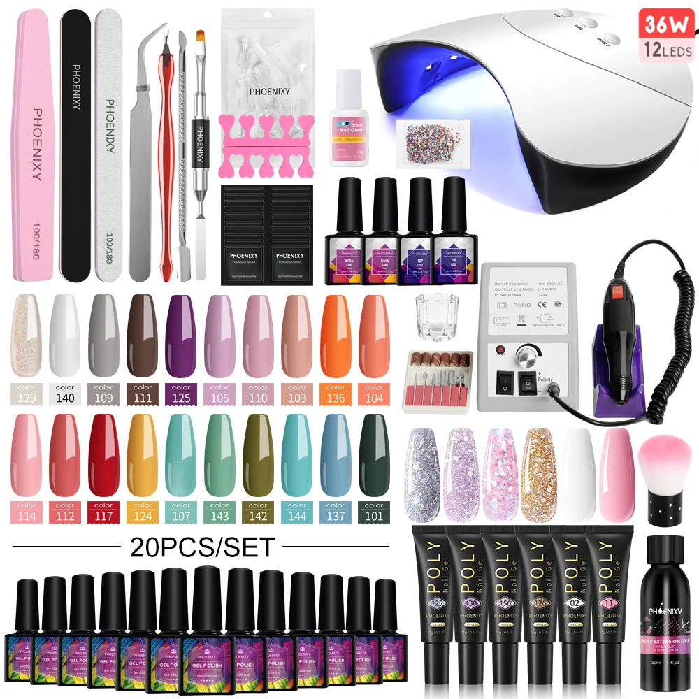 Manicure Set Gel Polish Set with UV LED Nail Lamp Poly Nail Gel Varnish Kit Quick Extension Gel Set Complete Nail Art Tools Kit