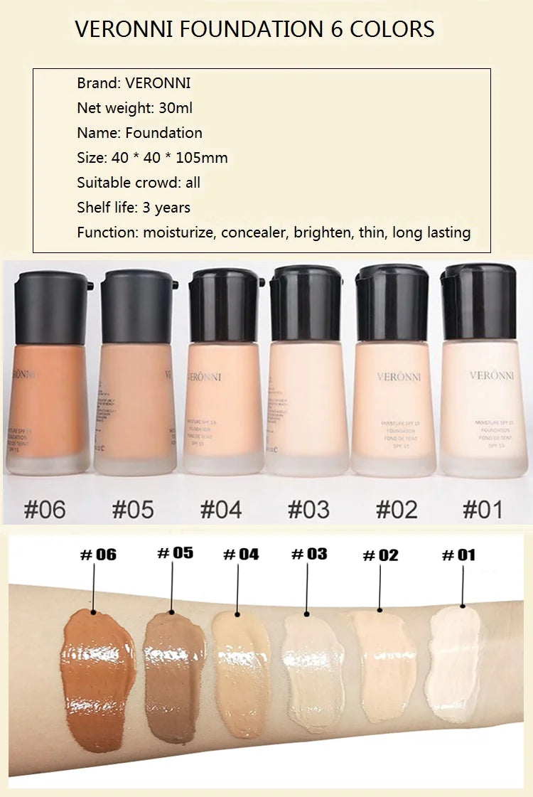 VERONNI Natural Waterproof Foundation High Quality Beauty Face Makeup Cosmetics Liquid Professional Makeup Concealer