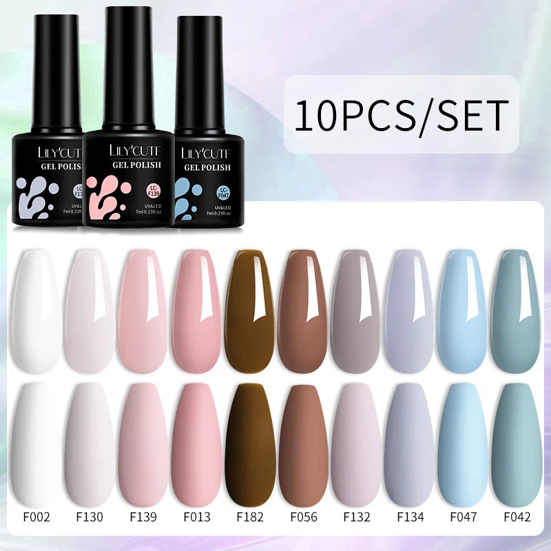 LILYCUTE 10PCS/Set Gel Nail Polish Brown Earth Coffee Color Series Gel Semi Permanent UV LED Gel Nail Art Soak Off Nail Gel Set