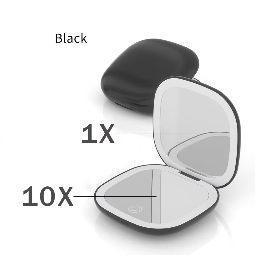 Led 5x/10X Magnifying Mini Compact Foldable Portable Charge Makeup Mirror With Light Small Pocket Travel Compact