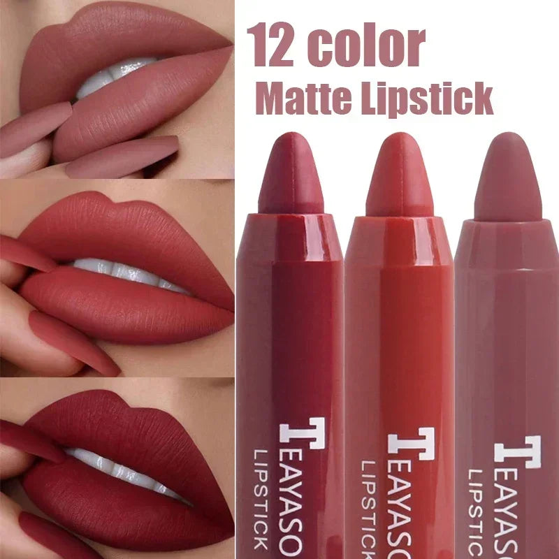 12 Colors Velvet Matte Lipstick Pen Cosmetics Waterproof Lasting Nude Crayon Lipsticks Non Sticky Brown Lip Liner Pencil Makeup