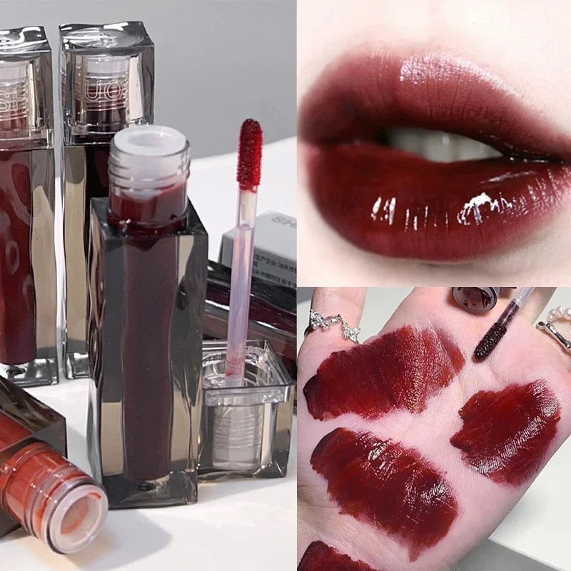 1PC Dark Red Mirror Water Light Lip Glaze Waterproof Lasting Moisturizing Non-stick Cups Liquid Lipstick Korean Makeup Cosmetics