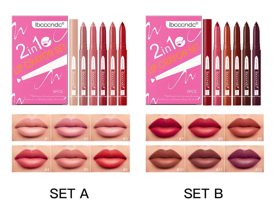 6color/Set Matte Lip  Crayon Moisturizing Lip Liner Built-In Sharpener Lipliner Pencil 2 In 1 Lip Liner And Lipstick Pen