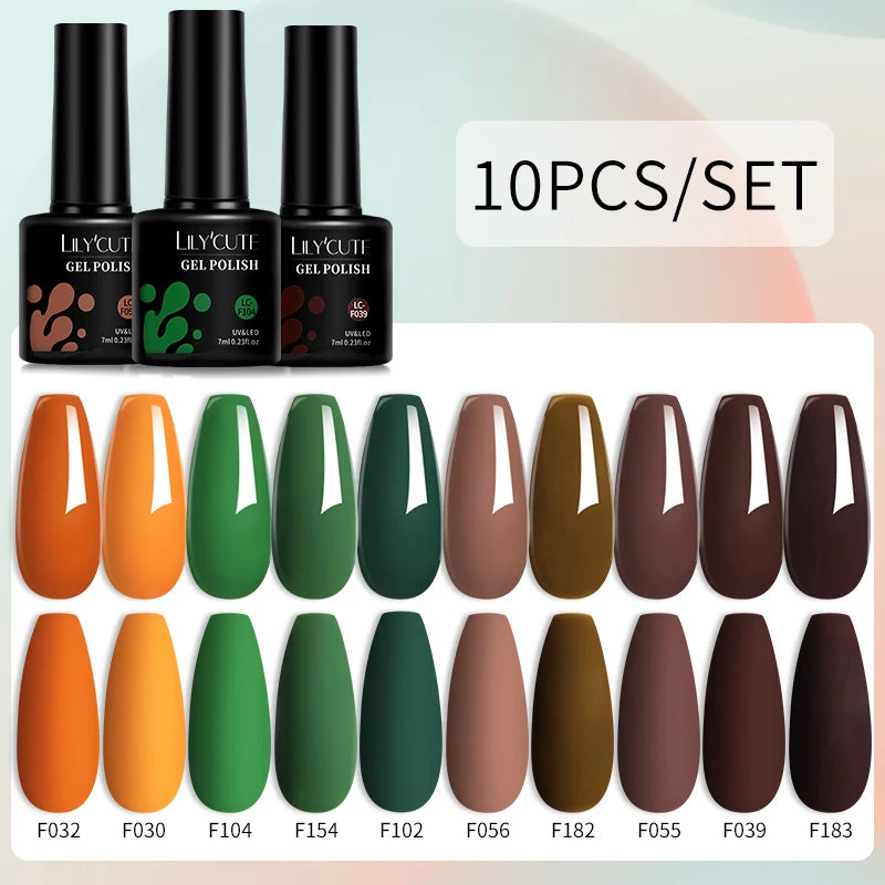 LILYCUTE 10PCS/Set Gel Nail Polish Brown Earth Coffee Color Series Gel Semi Permanent UV LED Gel Nail Art Soak Off Nail Gel Set