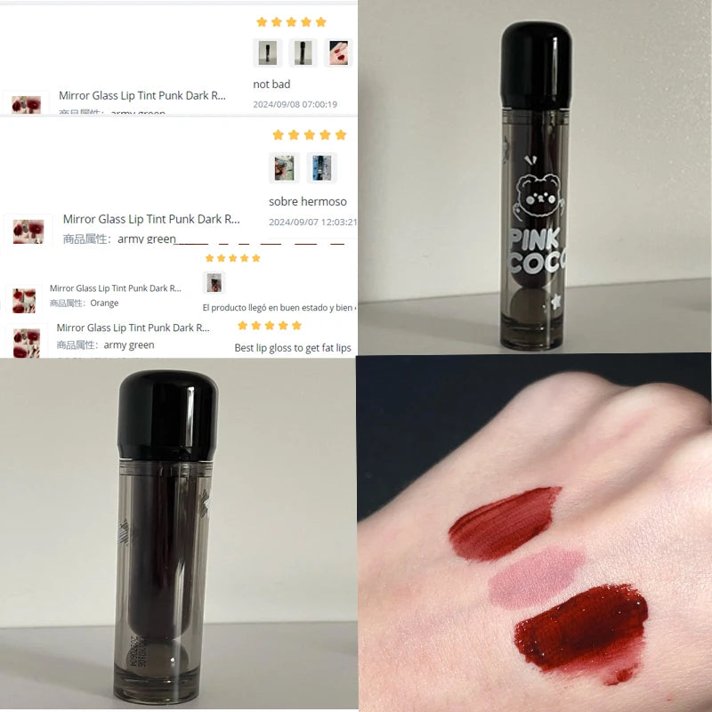 Mirror Glass Lip Tint Punk Dark Red Lip Inks Juice Lip Glaze Water Light Clear Lipstick Non Stick Cup Liquid Liptint Makeup