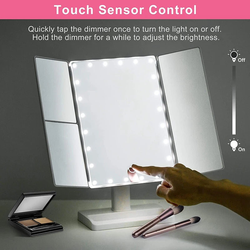 Trifold Makeup Mirror With 22 LED Lights,10X/3X/2X Magnification Portable Fold Lighted Table Desk Cosmetic Mirror