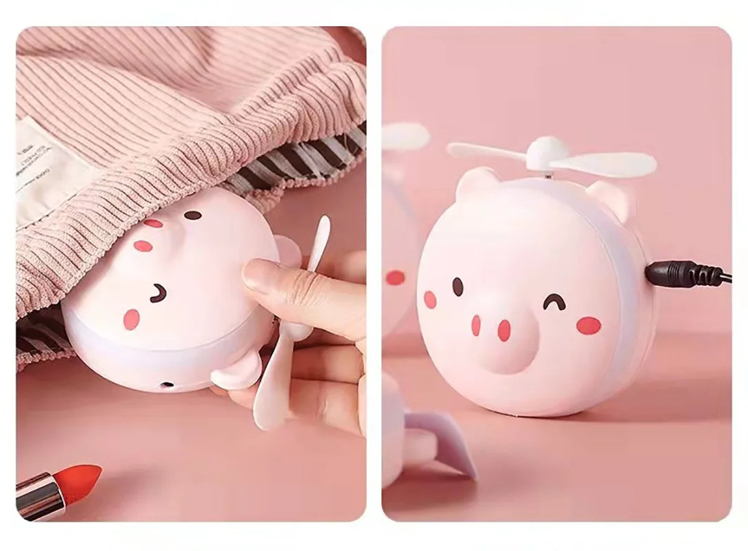 Cute Piggy Makeup Mirror With Led Light Handheld Cosmetics Mirror With Small Fan Girls Travle Portable Vanity Mirror HD Mirror