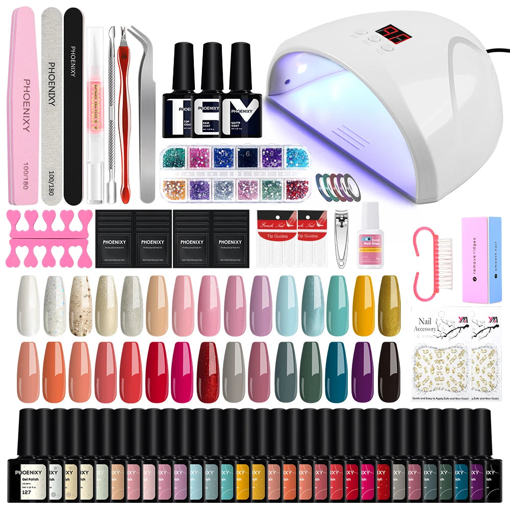 Nail Art Starter Set 30pcs Gel Nail Polish with 80W UV LED Drying Lamp Nail Polish Set Complete Full UV Gel Varnish Manicure Kit