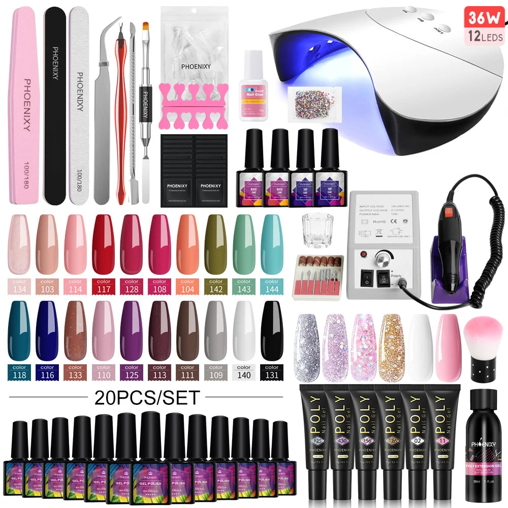 Manicure Set Gel Polish Set with UV LED Nail Lamp Poly Nail Gel Varnish Kit Quick Extension Gel Set Complete Nail Art Tools Kit