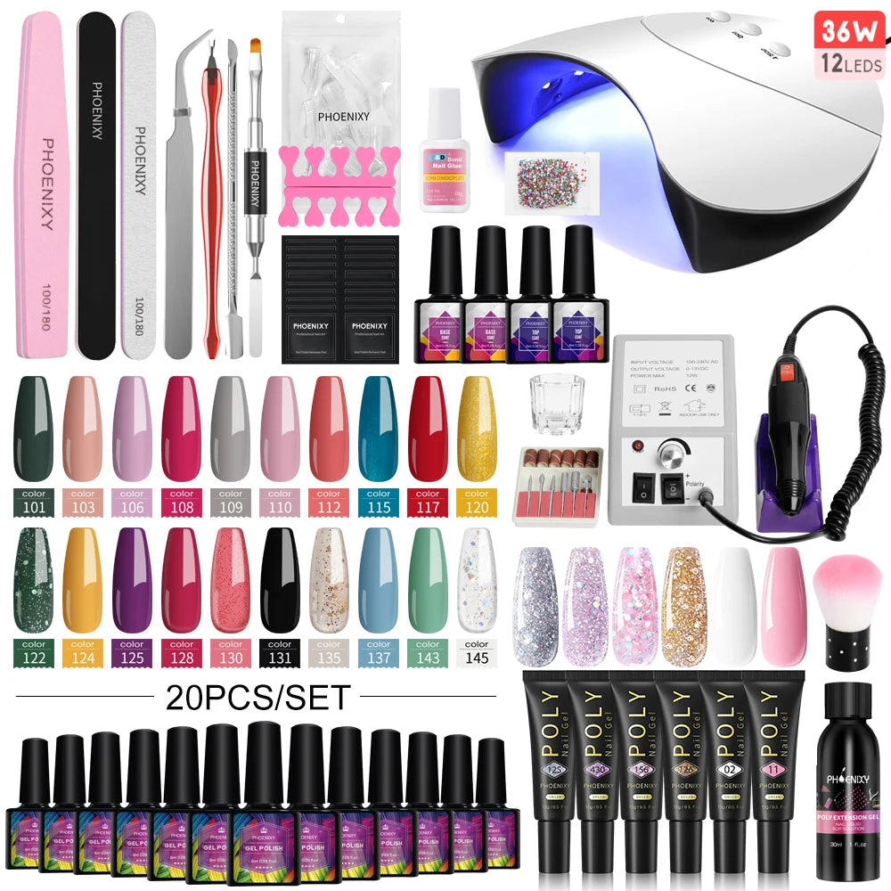 Manicure Set Gel Polish Set with UV LED Nail Lamp Poly Nail Gel Varnish Kit Quick Extension Gel Set Complete Nail Art Tools Kit