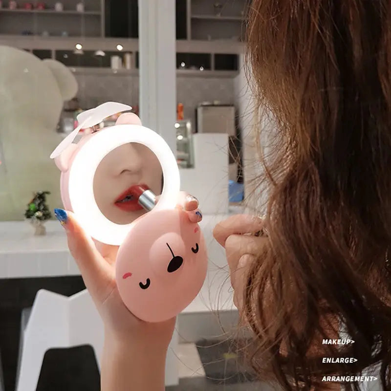 Cute Piggy Makeup Mirror With Led Light Handheld Cosmetics Mirror With Small Fan Girls Travle Portable Vanity Mirror HD Mirror