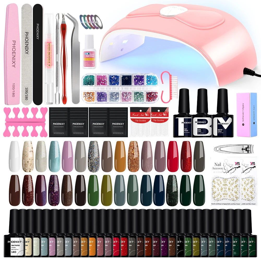 Nail Art Starter Set 30pcs Gel Nail Polish with 80W UV LED Drying Lamp Nail Polish Set Complete Full UV Gel Varnish Manicure Kit