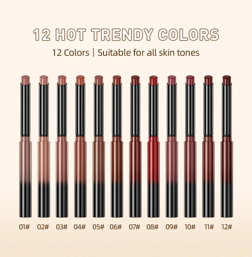 QIBEST 12 Colors Velvet Matte Lipstick Pen Cosmetics Lasting Nude Crayon Lipstick Moisturising Red Brown Lip Liner Pencil Makeup