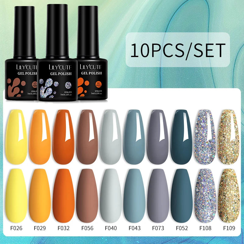 LILYCUTE 10PCS/Set Gel Nail Polish Brown Earth Coffee Color Series Gel Semi Permanent UV LED Gel Nail Art Soak Off Nail Gel Set