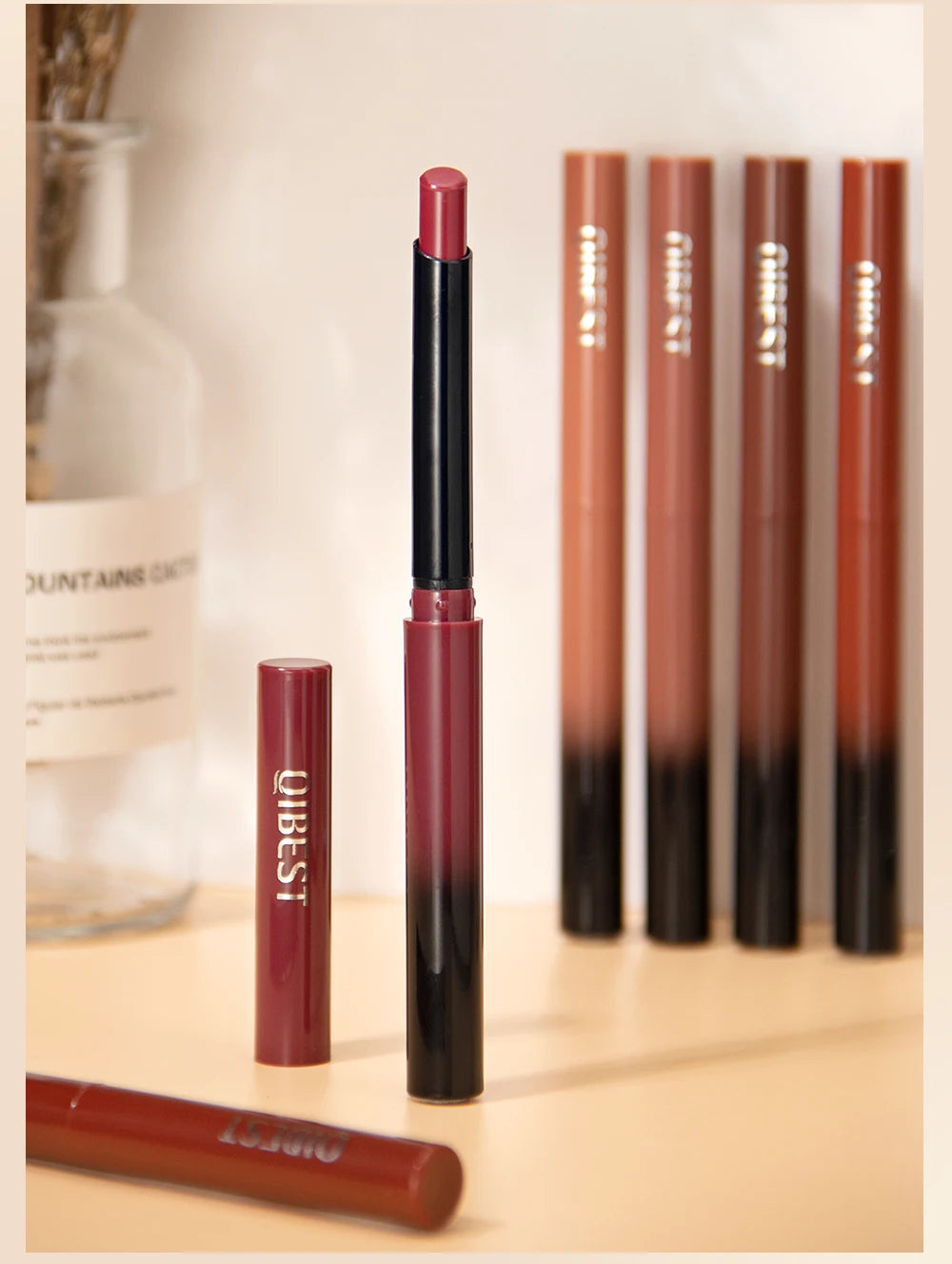 QIBEST New Velvet Matte Lipstick Long Lasting Waterproof Lipstick Non-Stick Cup Lip Stain Tint Cosmetics Lip Pencil Liner Makeup