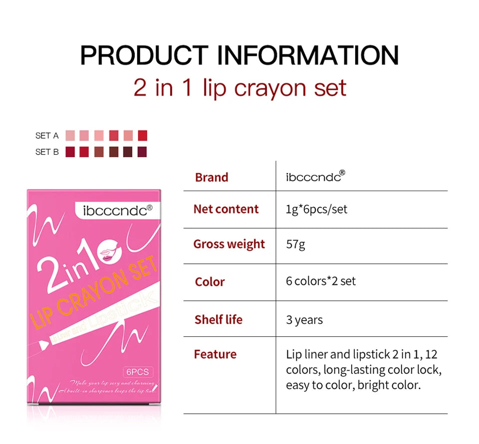 6color/Set Matte Lip  Crayon Moisturizing Lip Liner Built-In Sharpener Lipliner Pencil 2 In 1 Lip Liner And Lipstick Pen