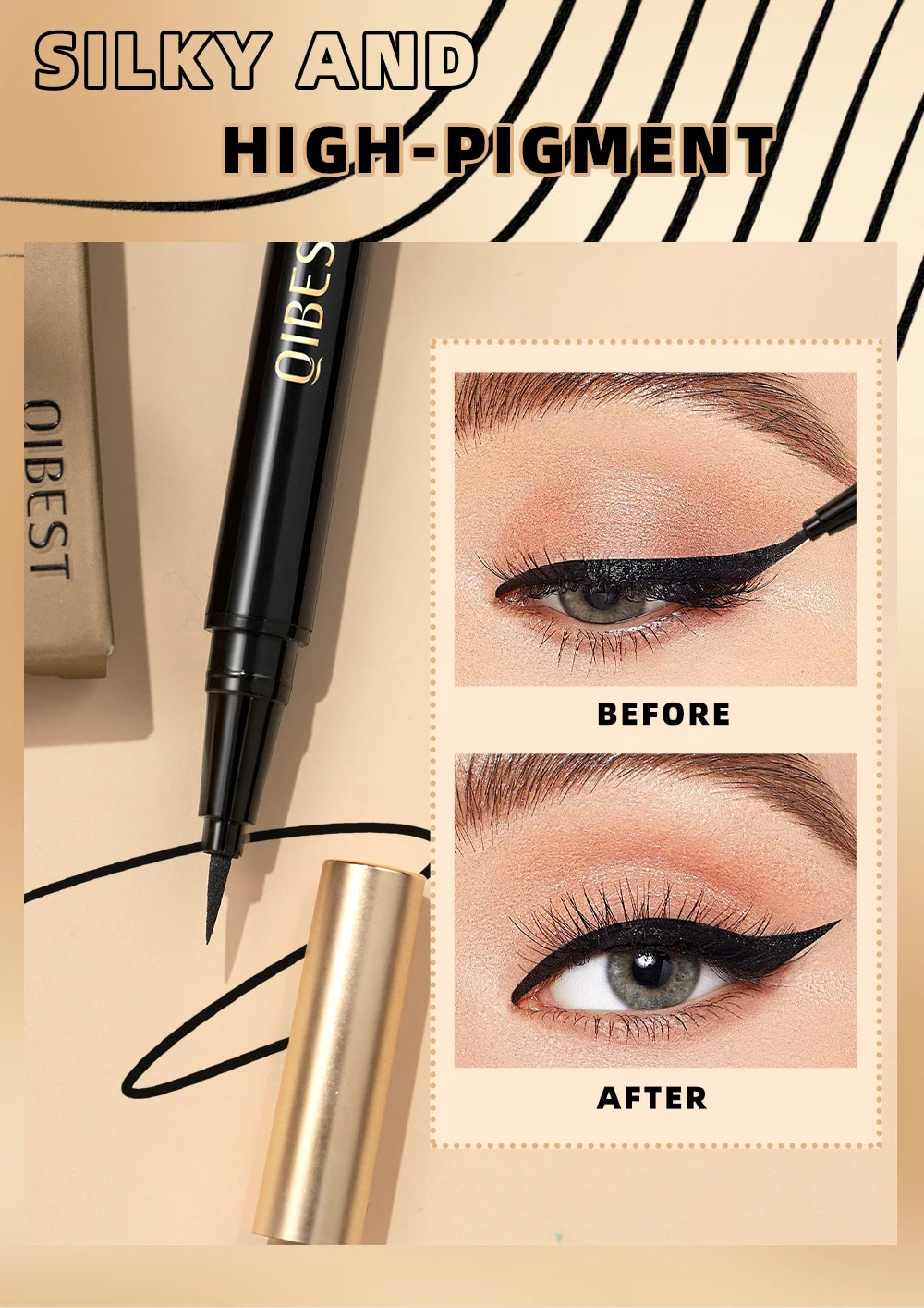 QIBEST Waterproof Black Eyeliner Long Lasting Quick Drying Easy To Color Liquid Eyeliner Non Smudging Smooth Eyeliner Pen Tools