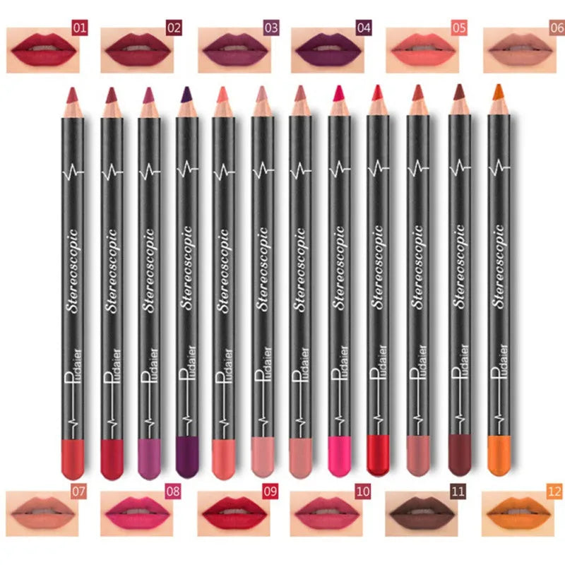 12Pcs/Set Waterproof Pencil Lipstick Set Pen Matte Lip Liner Long Lasting Makeup Pens Easy to Wear Non-stick Cup Cosmetics Kits