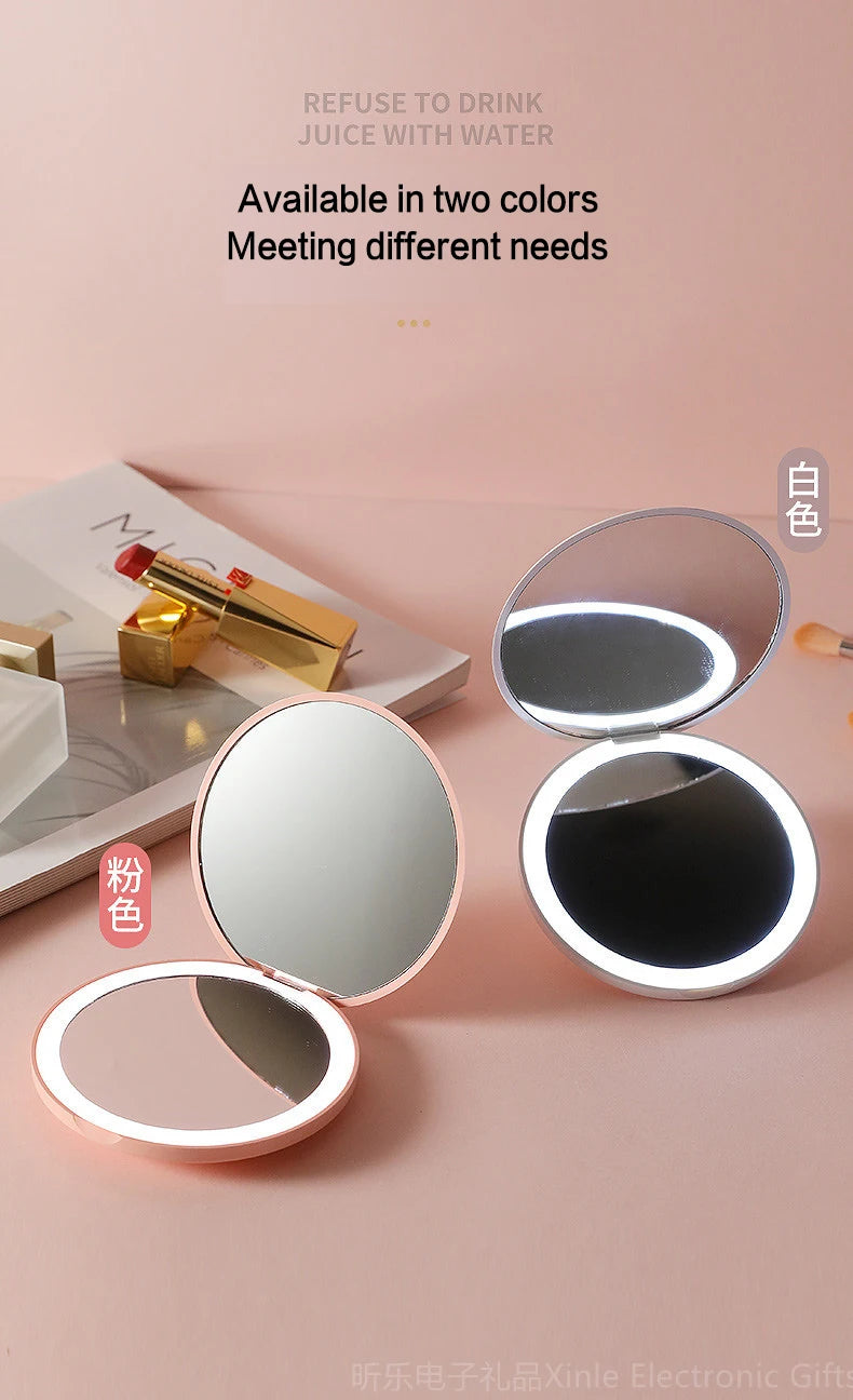 LED light makeup mirror foldable makeup small pocket mirror for women's luminous effect pink white mini mirror